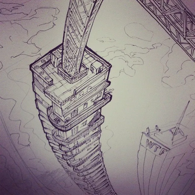 Ink sketch of a warped skyscraper viewed from above with a bridge connecting to its roof