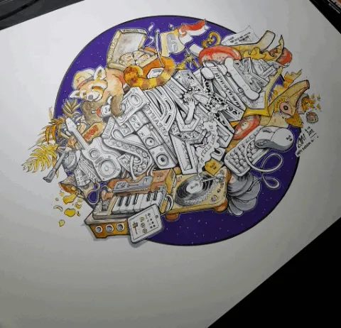 Ink drawing of 3D block letters surrounded by a red panda, turntable, synth, and pizza on a dark purple circle