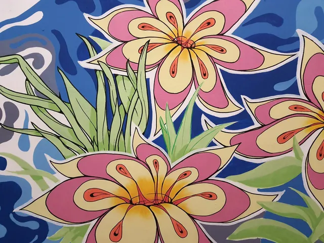 Mural detail featuring bold pink and yellow flowers with spiky green leaves against a swirling blue background