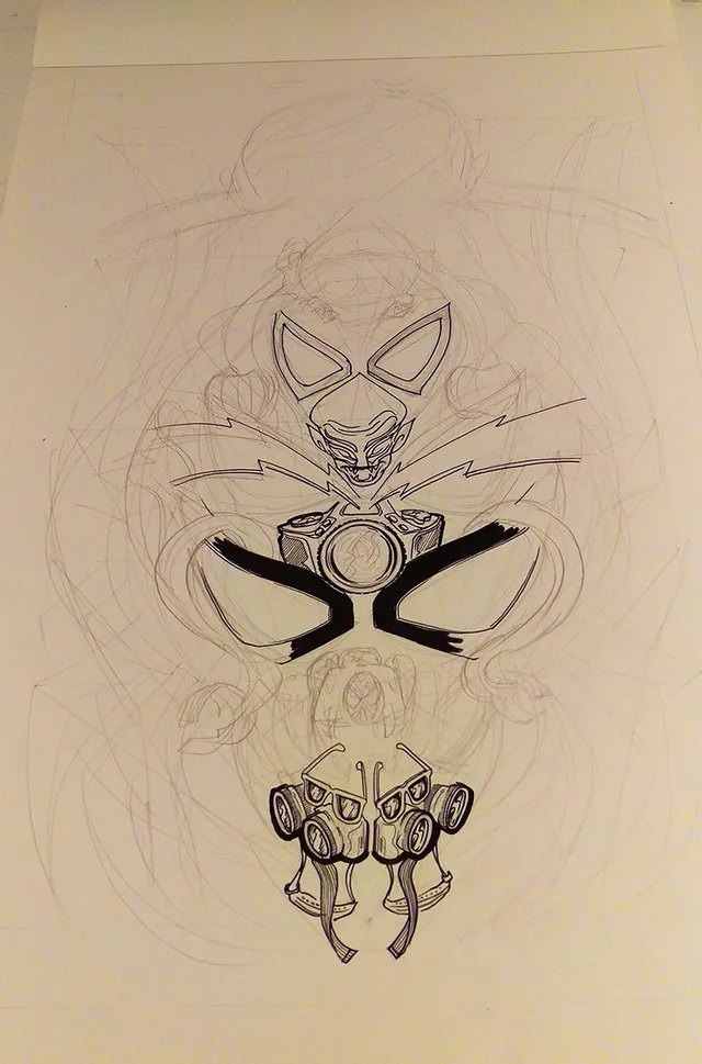Ink and pencil sketch of a symmetrical totemic design featuring Spider-Man eyes, a camera, and gas masks