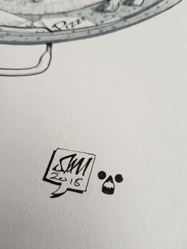 Detail of an ink drawing showing a 2018 signature inside a speech bubble next to a small black skull icon