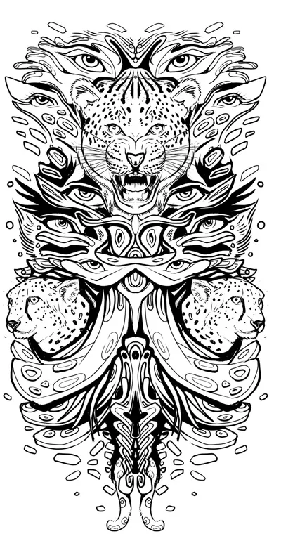 Symmetrical black line illustration of leopard faces and floating eyes woven into fluid totemic patterns