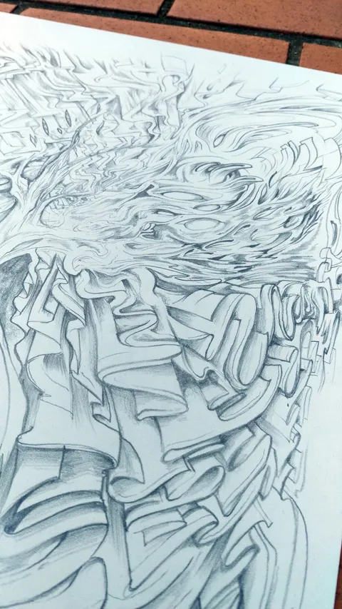 Pencil drawing of complex psychedelic line work with layered ribbon-like folds and swirling abstract textures