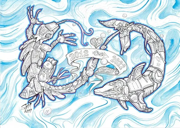 Ink drawing of a lizard and dolphin made of everyday objects circling a 2012-2022 banner on blue watercolor waves