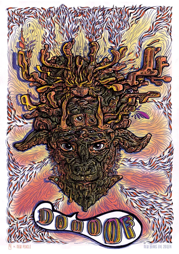 Psychedelic illustration of a multi-eyed horned animal mask surrounded by radiating lines and the text Doof
