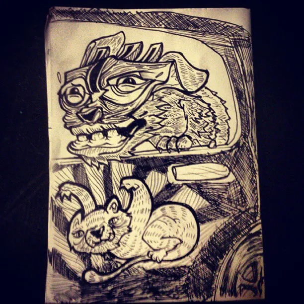 Ink drawing of a stylized dog leaning out a car window above a surreal cat creature