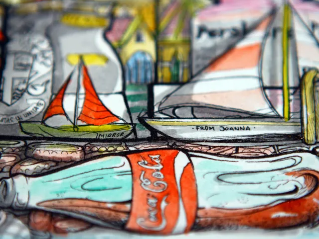 Ink illustration detail of a harbour scene featuring a Coca-Cola bottle, small sailboats, and buildings
