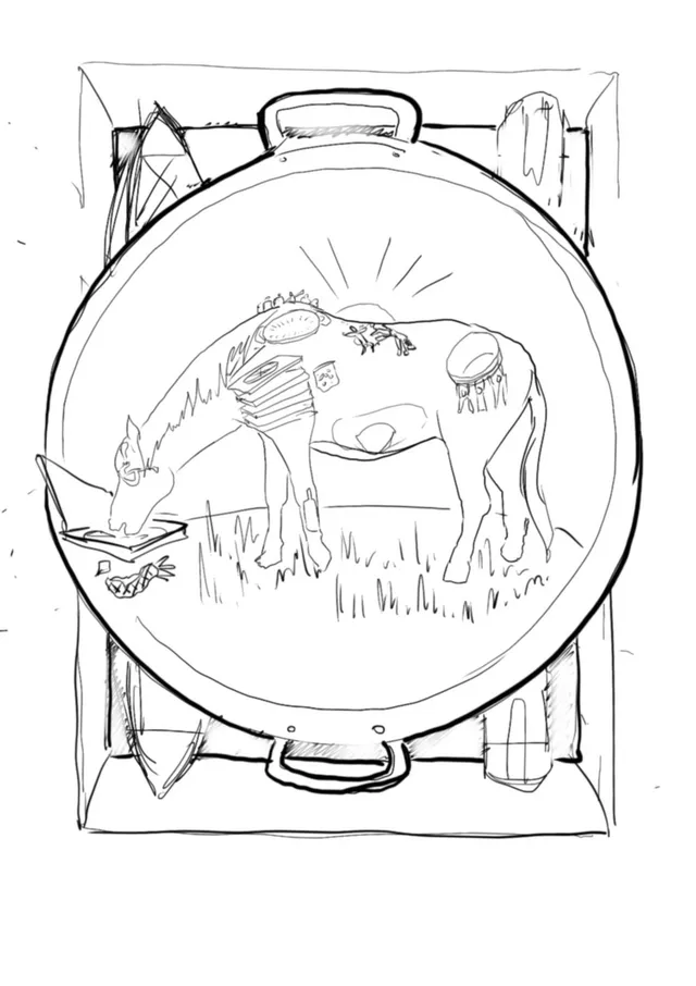 Black and white sketch of a horse with surreal objects embedded in its body, set inside a circular frame