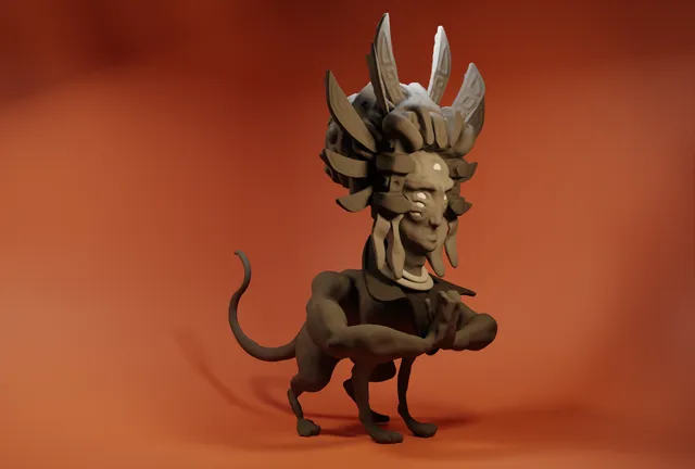 3D render of a multi-eyed Aztec spirit with an animal body, muscular arms in prayer, and an elaborate headdress