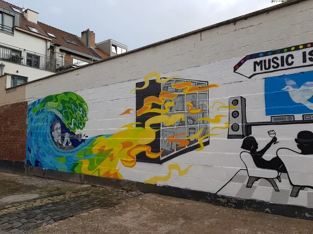 Mural on a white brick wall featuring a clarinet player in a colorful wave flowing into flames and a hi-fi speaker