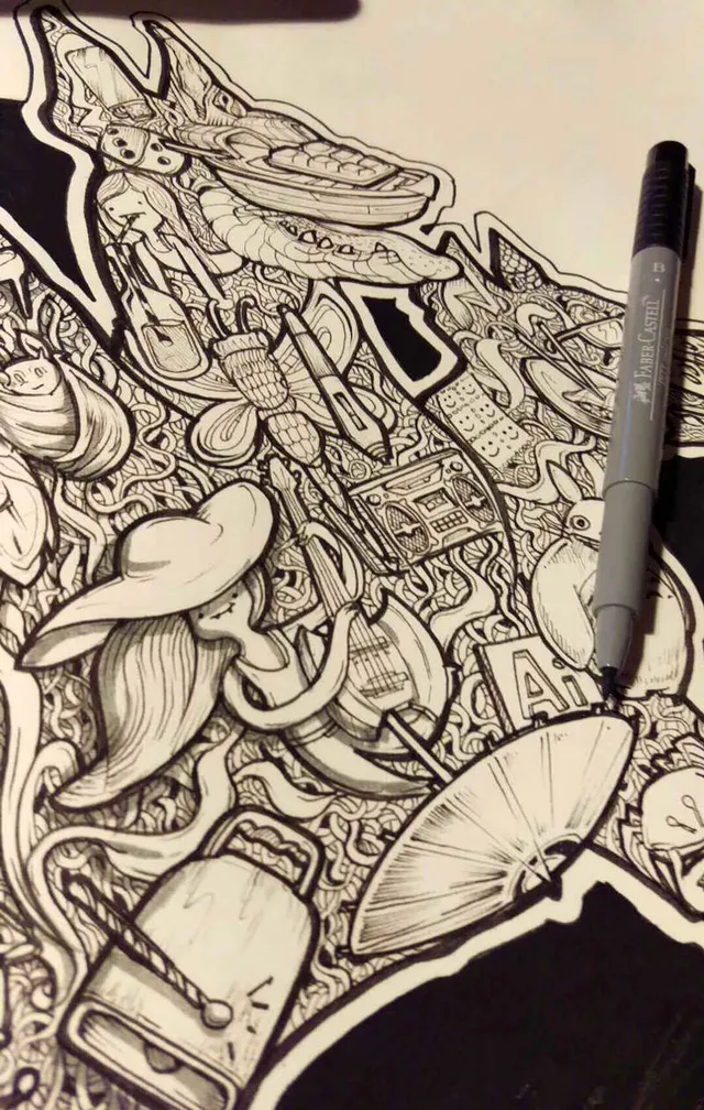 Process of inking this cerberus illustration