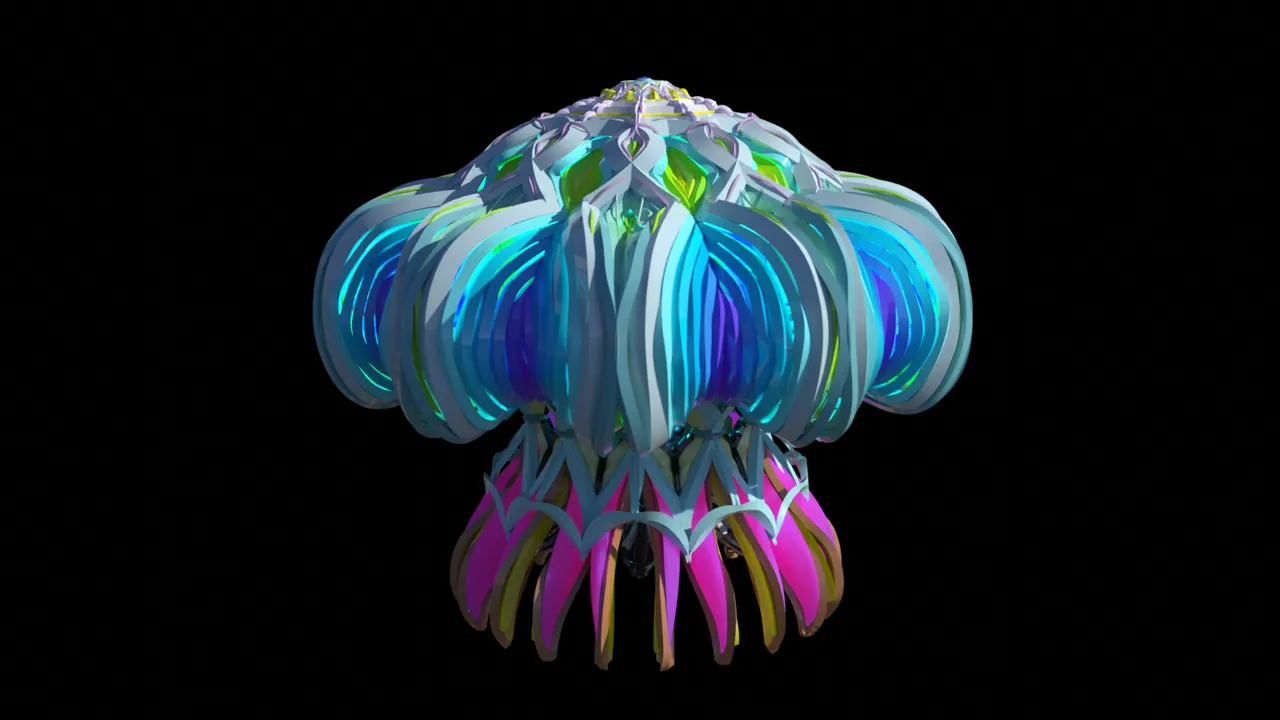 3D render of a psychedelic, symmetrical jellyfish-like form with glowing neon blue, green, and pink geometric layers