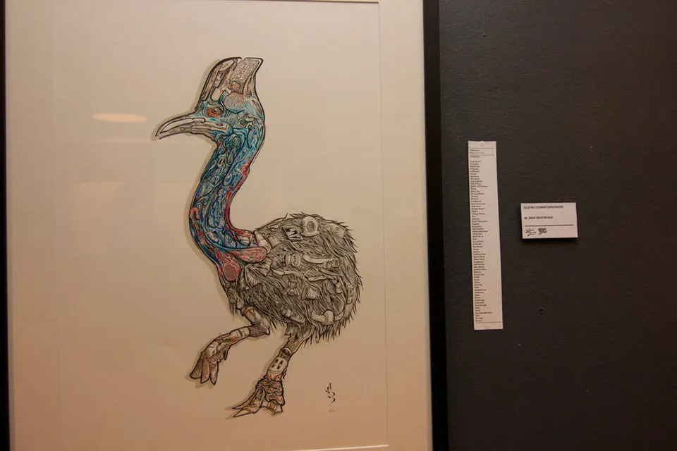 Framed ink illustration of a cassowary with detailed anatomical line work on a gallery wall
