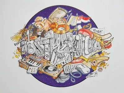 Ink illustration of stylized 3D block letters surrounded by a red panda, speakers, turntable and computer accessories