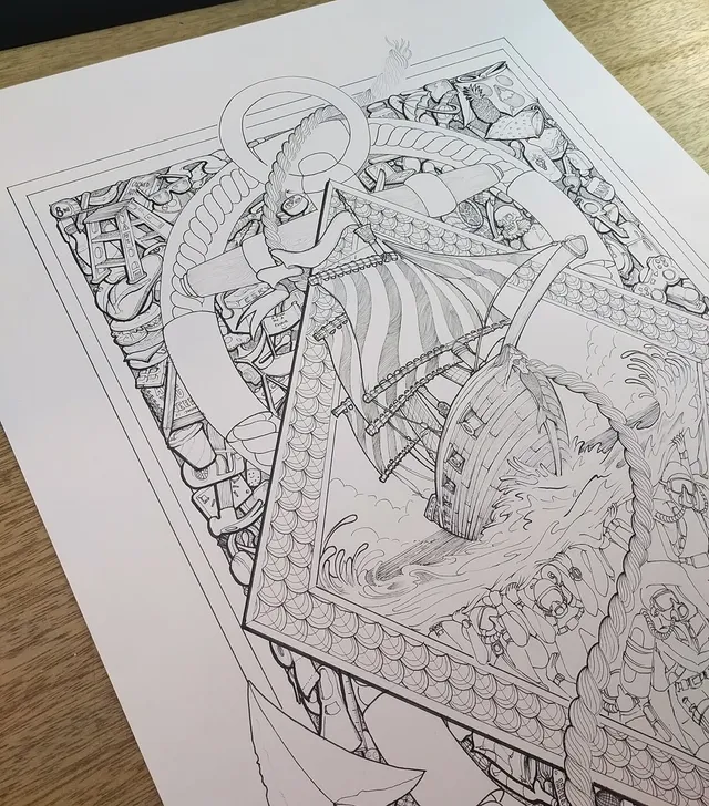 Work in progress on surreal black and white ink poster drawing.