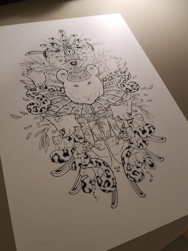 Ink drawing on paper of a totemic panda head surrounded by spotted cats, flying squirrels, small bears and bamboo