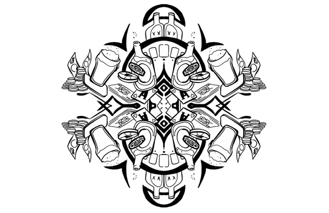 Black and white line drawing of a mandala composed of beer bottles, pint glasses, playing cards, chips, and cash