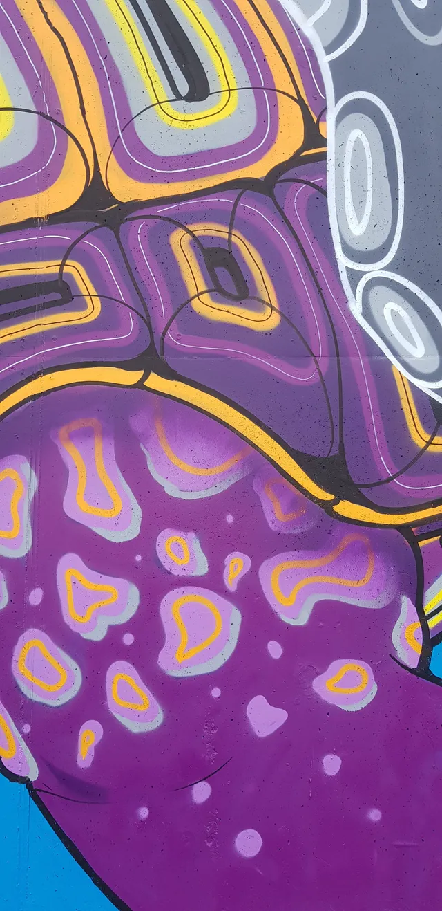 Close-up mural detail of a tortoise shell and spotted skin in vibrant purple and yellow with bold black outlines