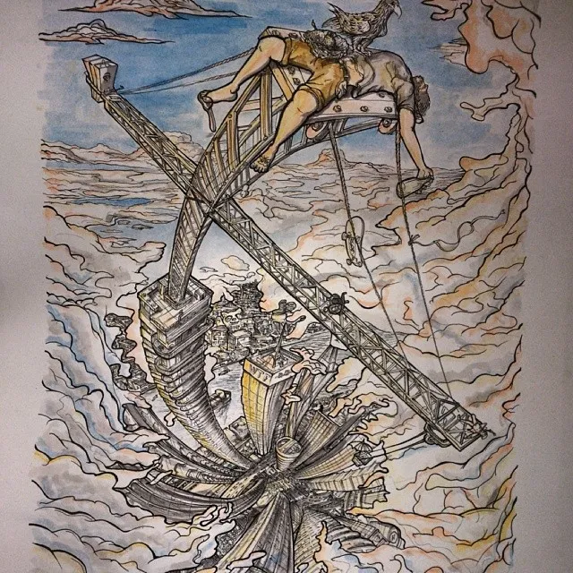 Surreal ink illustration of a giant figure and eagle resting on a crane high above a warped, curving cityscape