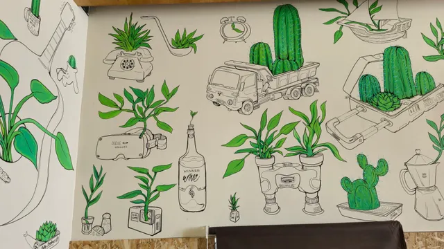 Mural of green plants growing out of line-drawn objects including a phone, dump truck and VR headset
