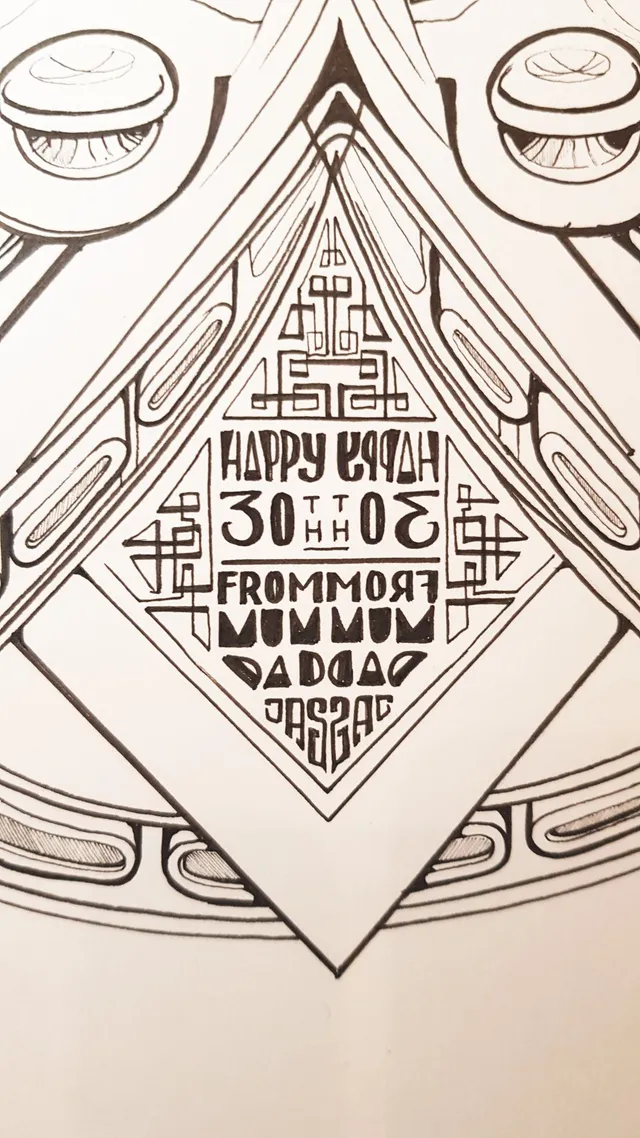 Symmetrical black ink drawing featuring a geometric diamond filled with stylized, mirrored 30th birthday text