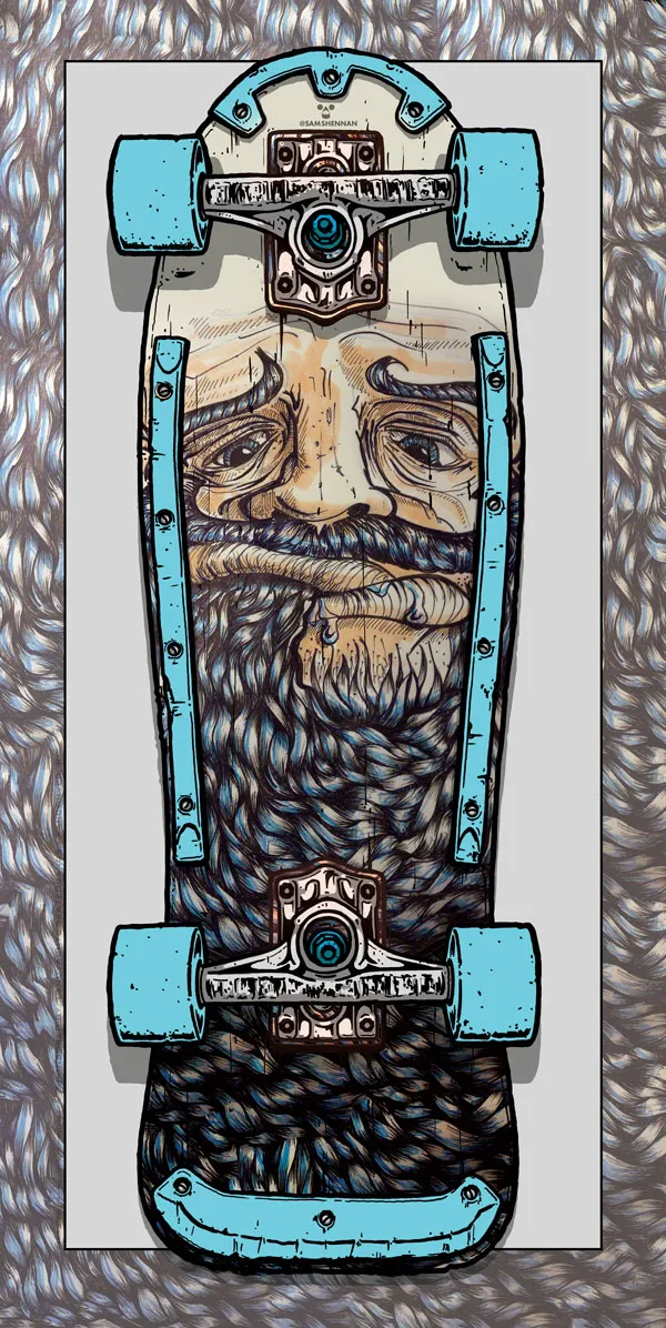 Poster illustration featuring a skateboard deck with a bold graphic of a man chewing on his long braided beard