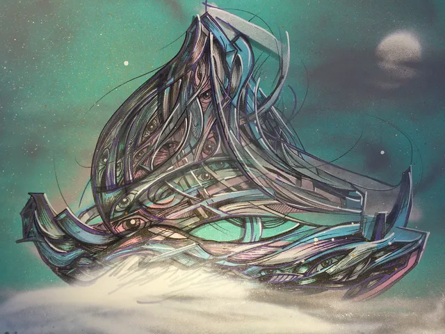 Psychedelic illustration of abstract flowing shapes filled with eyes floating above mist in a teal moonlit sky