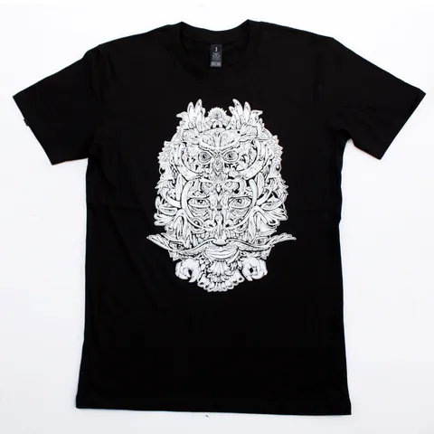 Black t-shirt featuring a complex white line-art graphic of a symmetrical, psychedelic owl mask