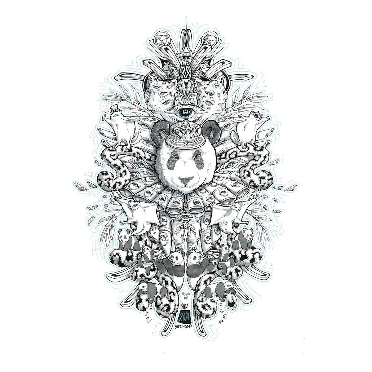 Symmetrical ink illustration of a totemic panda head surrounded by multi-eyed leopards, snakes, and smaller pandas