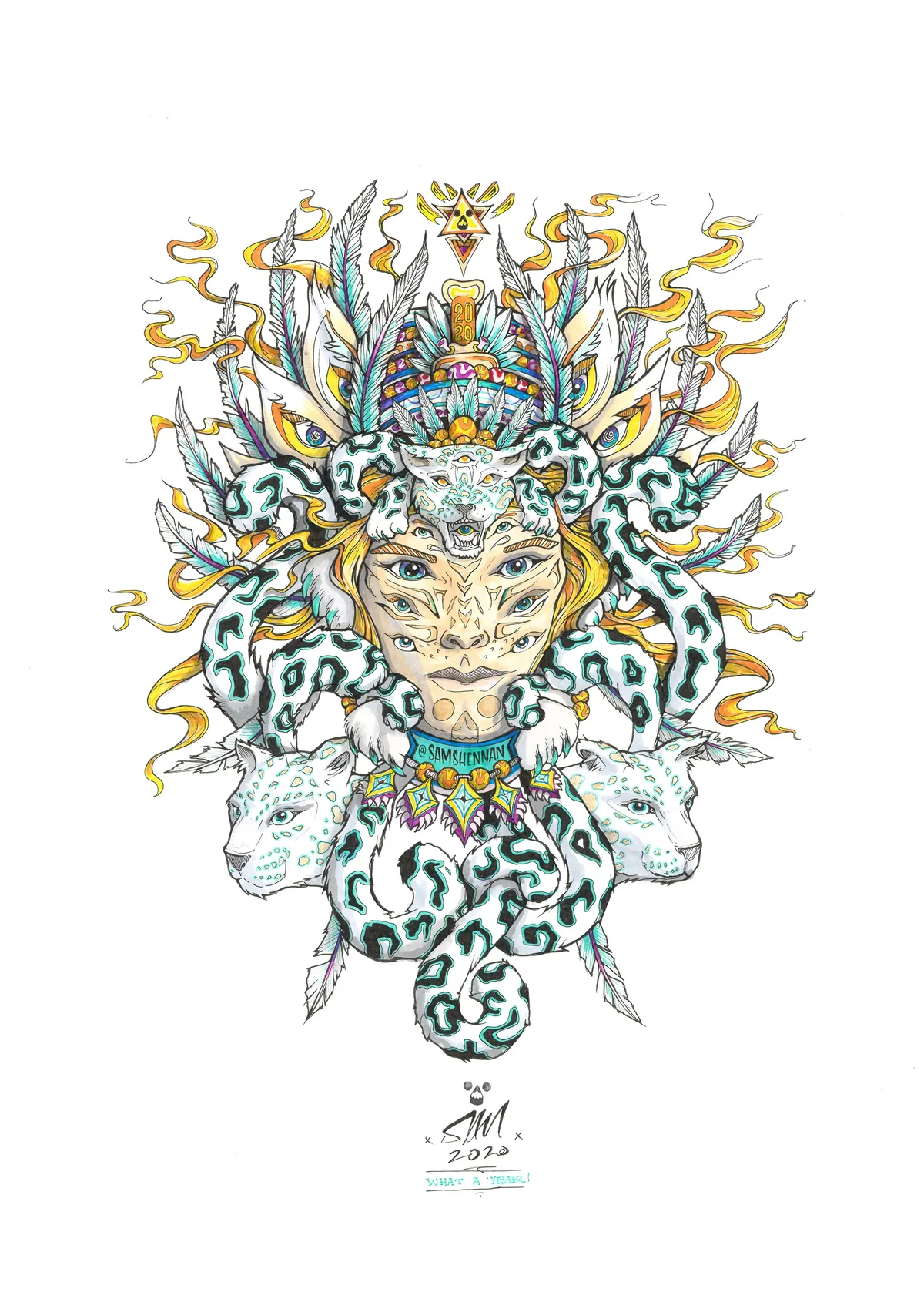Detailed illustration of a symmetrical multi-eyed face wearing a totemic snow leopard mask and feathered headdress