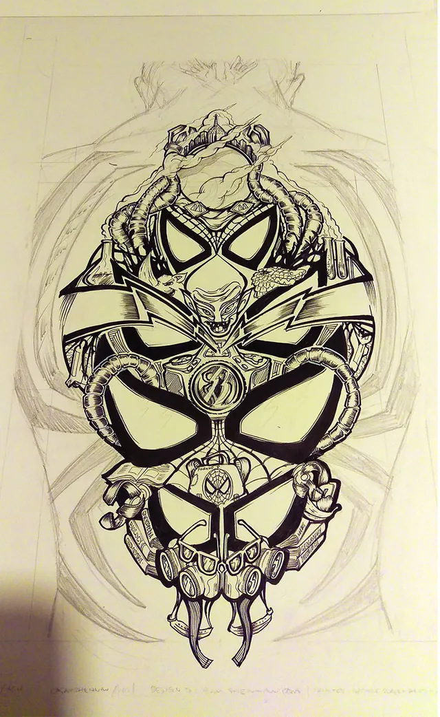 Ink drawing of a complex, totemic spider mask with stacked eyes, webs, and tubes over a faint pencil sketch