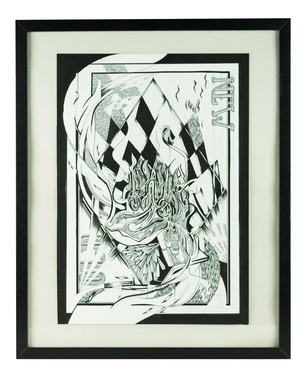 Framed black and white ink drawing with abstract swirling lines, a checkerboard diamond, and the word NEW