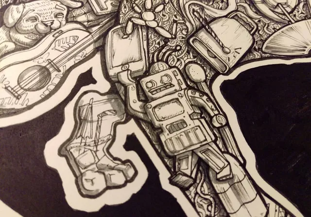 Close-up ink drawing of a retro robot holding a smartphone among dense doodles of a dog, guitar, and tropical drink