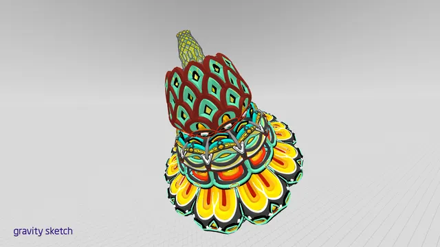 3D render of a layered psychedelic crown featuring vibrant red and teal diamond patterns over a flared yellow base