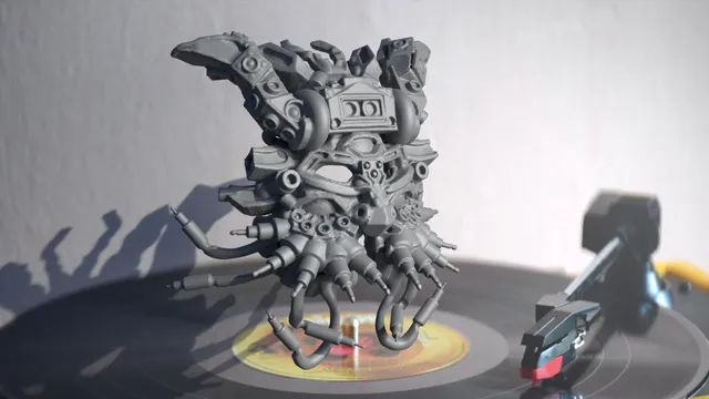 3D sculpted grey cybernetic mask with audio plug tentacles hovering over a vinyl record player