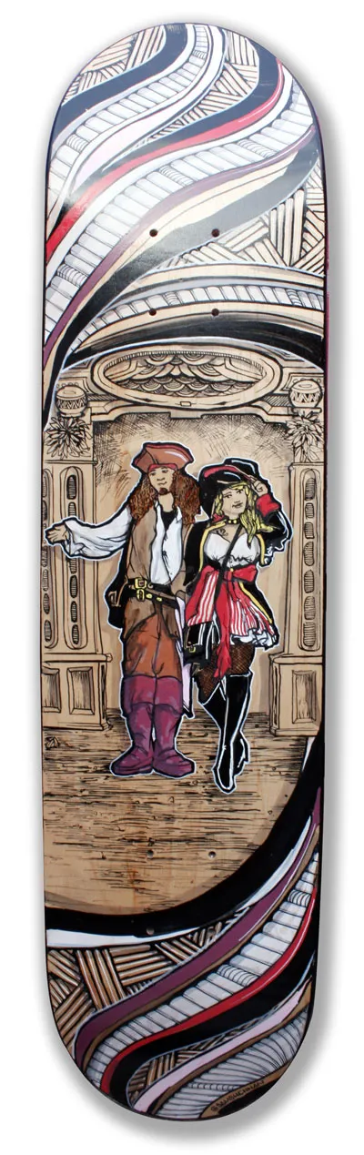 Hand-painted skateboard featuring two pirates in an ornate archway bordered by swirling abstract line patterns