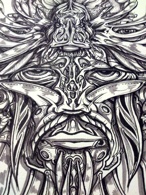 Black and white ink drawing of a highly detailed, symmetrical psychedelic shaman face with multiple eyes
