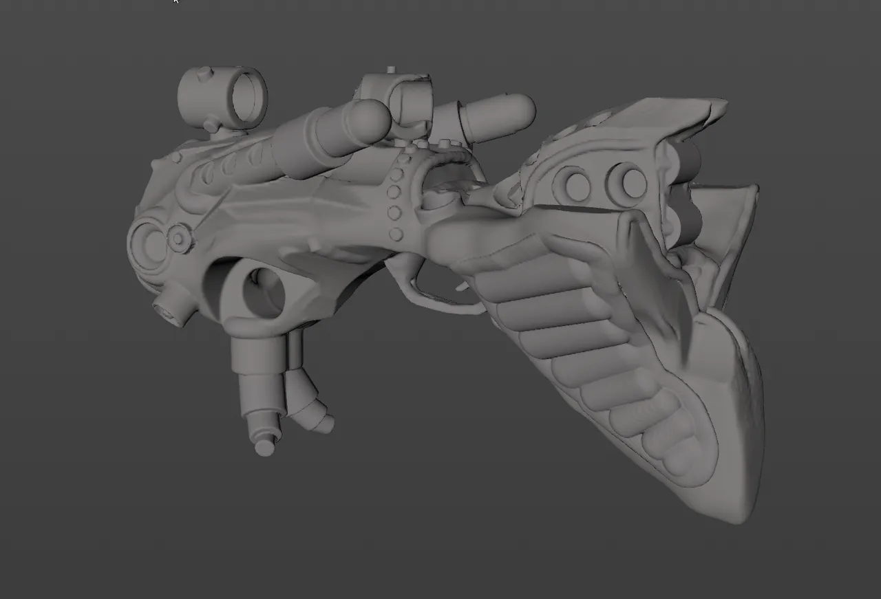 Untextured 3D sculpt of a futuristic sci-fi blaster with scopes and an organic ribbed stock