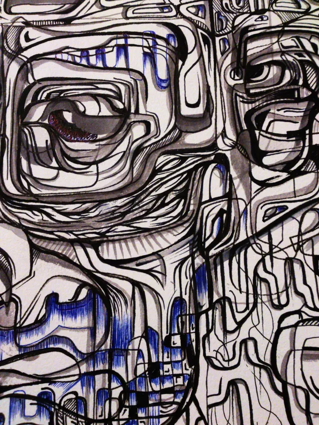 Psychedelic ink drawing of a stylized eye surrounded by a dense maze of bold black lines and blue shading