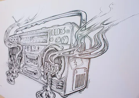 Ink illustration of a retro boombox with thick liquid dripping from the speakers and swirling smoke