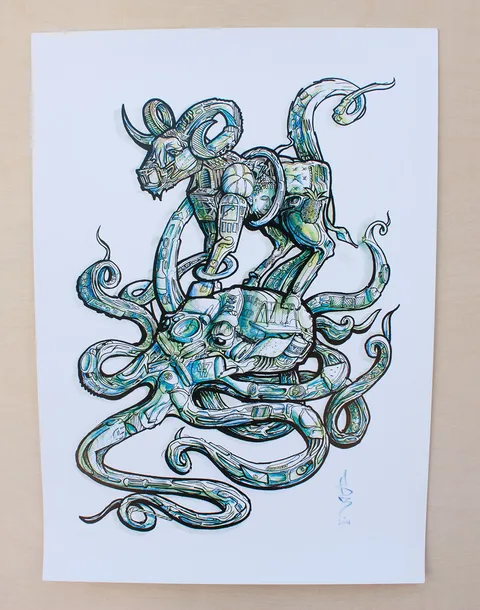 Psychedelic ink drawing on paper of an intricate, highly patterned goat standing atop a swirling octopus