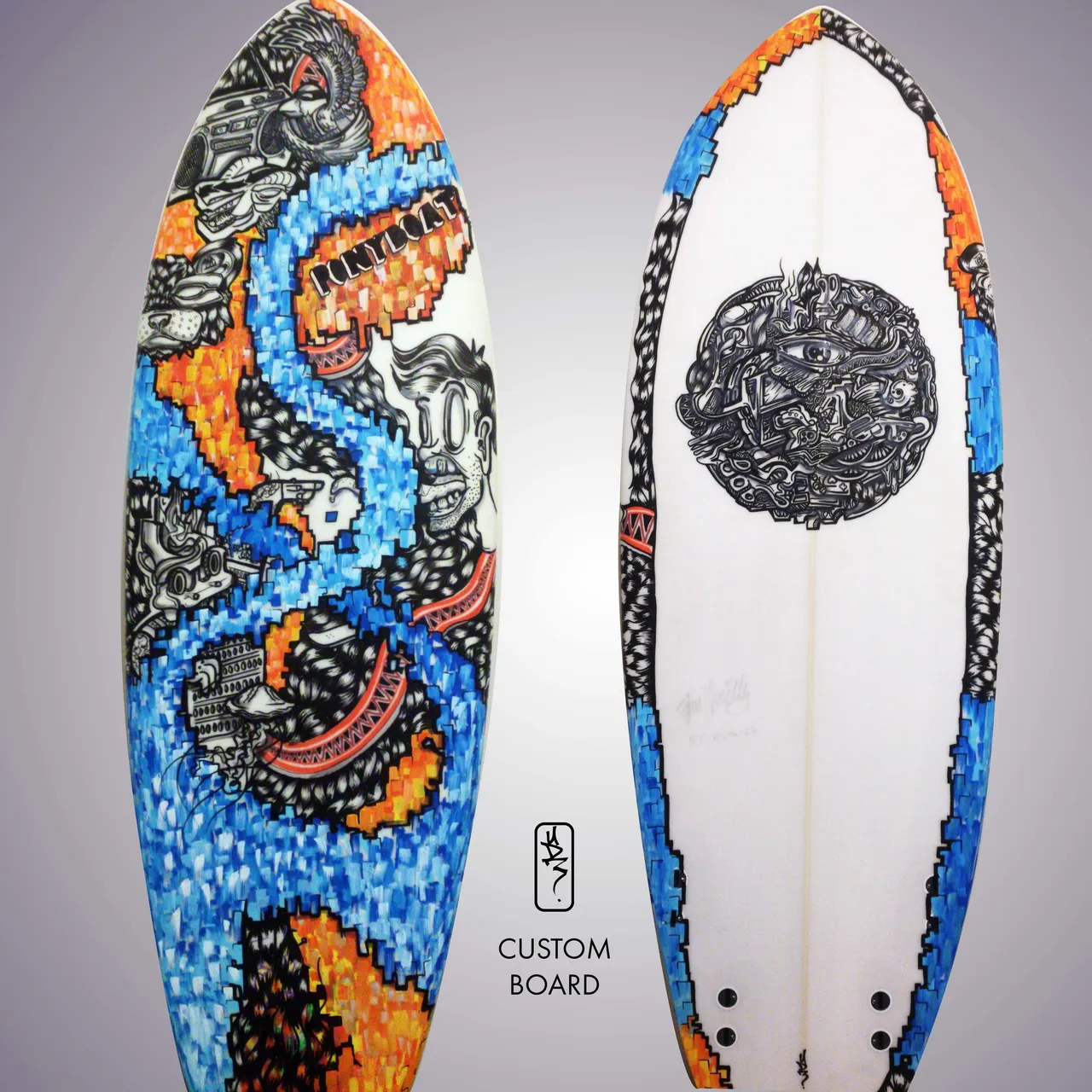 Custom surfboard hand-painted with intricate psychedelic faces, masks, and bold blue and orange patterns