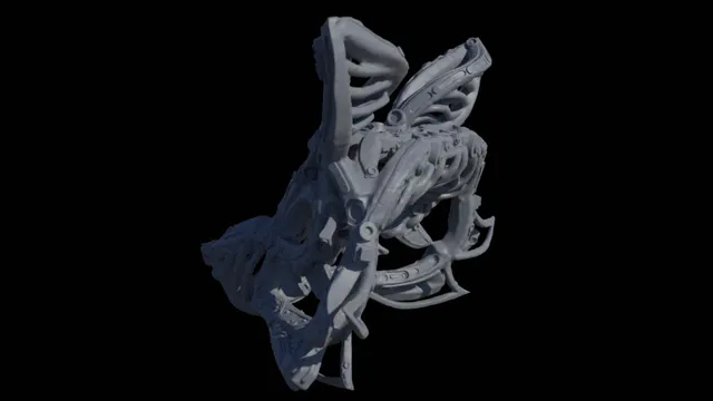 Grey 3D render of a cybernetic fox mask featuring intricate skeletal and mechanical details