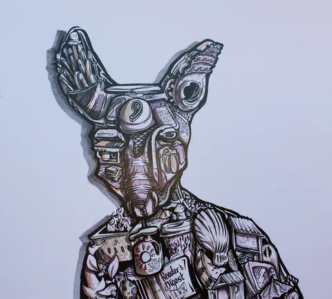 Ink drawing of a kangaroo head formed by intricate hidden objects like french fries, a camera and sunscreen