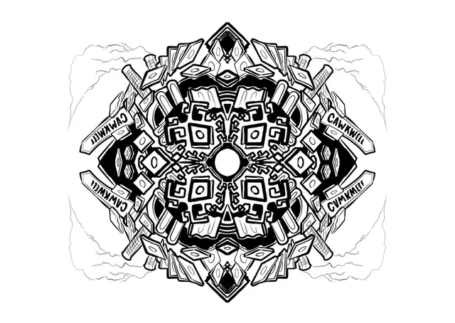 Black and white line art illustration of a symmetrical mandala featuring complex, bold geometric and abstract patterns