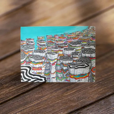 Drawing of surreal rock pillars with black and white wavy tops and rainbow-layered sides against a turquoise sky