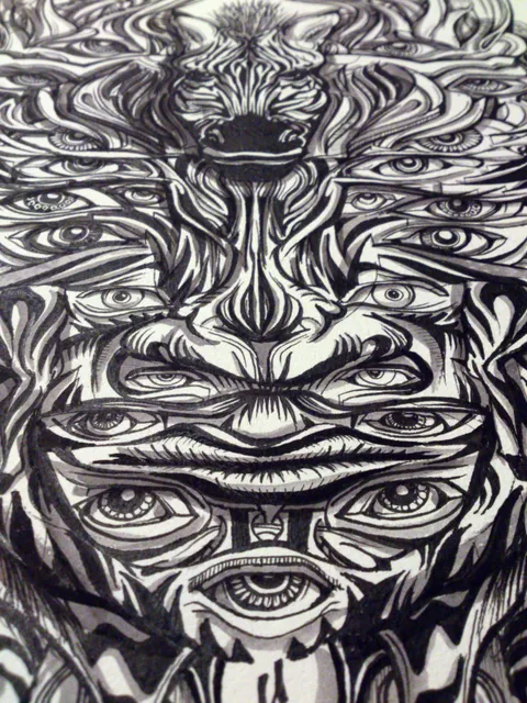 Psychedelic black and white ink drawing of a symmetrical face with multiple eyes, topped by a zebra mask