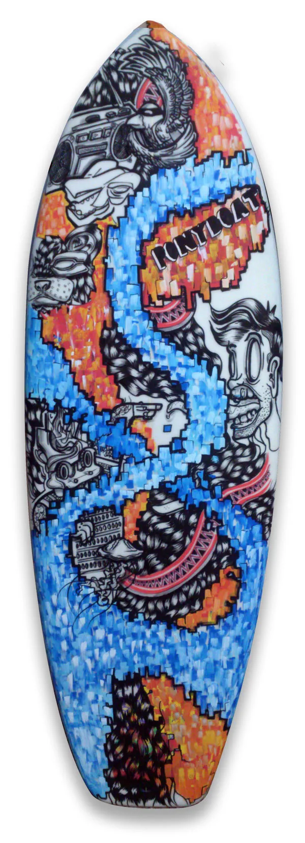 Hand-painted surfboard with black line art of a boombox, faces and animals amid pixelated blue and orange waves
