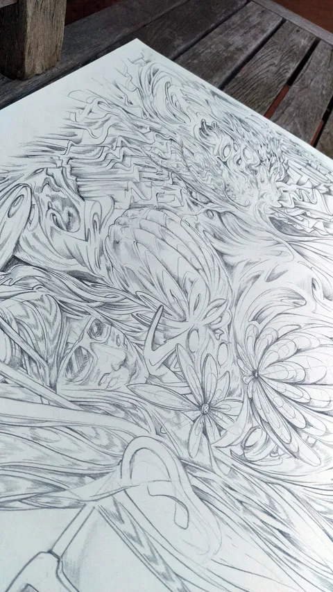 Intricate pencil sketch of a face in sunglasses nestled among dense, swirling psychedelic lines and floral shapes