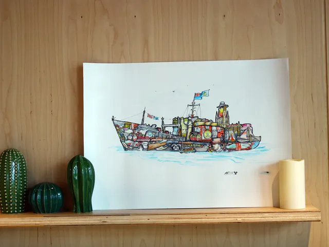 Ink illustration of a detailed ship built from varied objects, propped on a wooden shelf next to green ceramic cacti